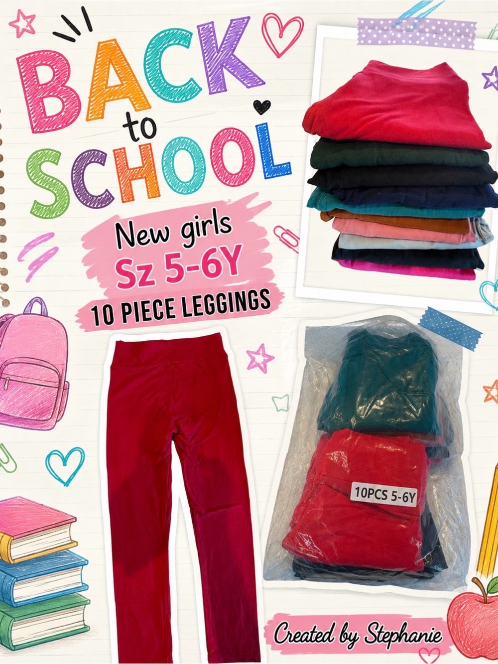 NEW Kids 10-Pack Girls Leggings (Size 5-6Y) Multi colored Back to School